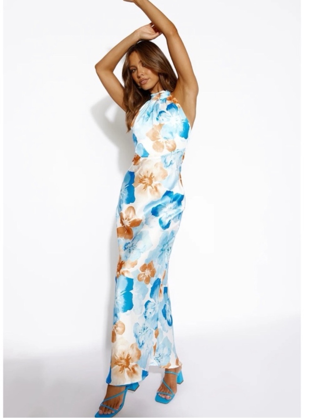 Hello Molly Here Comes The Sun Blue Floral Orange Halter Satin Maxi Dress Medium